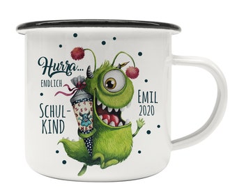 Emaille Becher Camping Tasse Motiv Monster monsters grün Schulkind & Wunschname Name Emaillebecher Camping Schulanfang Geschenk eb543