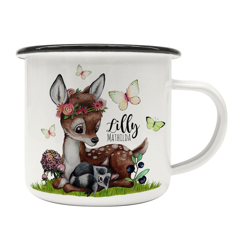 Emaille Becher Camping Tasse Motiv Reh Waschenbär Blaubeeren Schmetterlinge & Wunschname Name Kaffeetasse Geschenk eb491 Bild 2