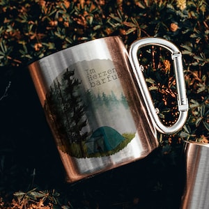 Camping mug stainless steel with carabiner cup mug coffee mug camping "In the heart barefoot" with tent and mountain motif cb03