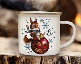Emaillebecher Becher Tasse Camping Eichhörnchen mit Weihnachtskugel & Wunschname Name Kaffeetasse Winter Weihnachten Geschenk eb580