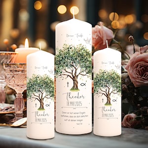 May include: Three white pillar candles with a watercolor design of a tree with green leaves and a dove. The candles are decorated with the text "Deine Taufe" and "Theodor 18.MAI 2025".