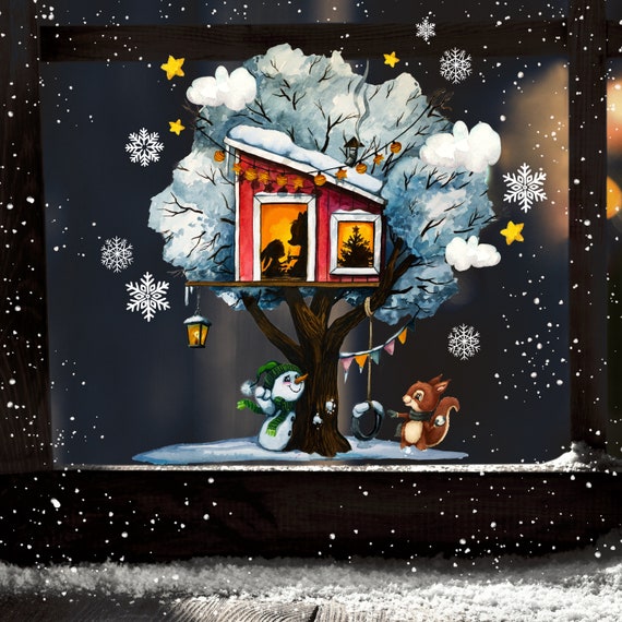 Fensterbild Fenstersticker Fensterdeko Baumhaus m. Tieren Sternen  Schneeflocken Weihnachtsfensterbild Weihnachten wiederverwendbar bf142 -   Österreich