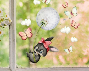 Fensterbild Hasen Häschen fliegend Pusteblume Schmetterlinge Frühling - wiederverwendbar - Fensterdeko Fensterbilder Deko Ostern bf152