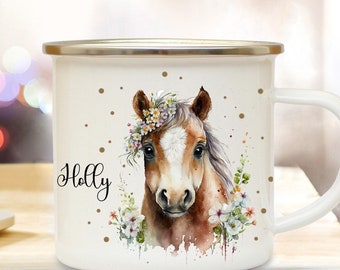 Emaillebecher Mit Pferd & Schmetterling – Personalisierbar Mit Namen, Ø 85 Mm, 80 Mm Hoch