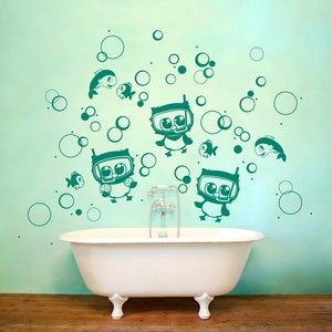 Wall sticker owls owl diving goggles fish bubbles image 1