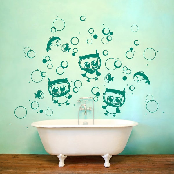 Wandtattoo Eulen Eule Taucherbrille Fische Bubbles