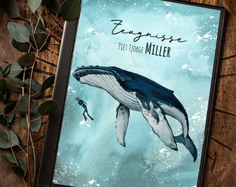 Può includere: Una balena blu nuota attraverso uno sfondo acquerellato blu chiaro con macchie bianche. La balena è rivolta a sinistra e ha un piccolo subacqueo nell'acqua sotto di lei. Il testo "Zeugnisse PIET TJORGE MILLER" è nella parte superiore dell'immagine.
