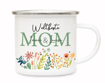 Emaille Becher Camping Tasse Weltbeste Mom mit Namen der Kinder Kaffeetasse Geschenk zum Muttertag Mama Mutti Mutter eb593