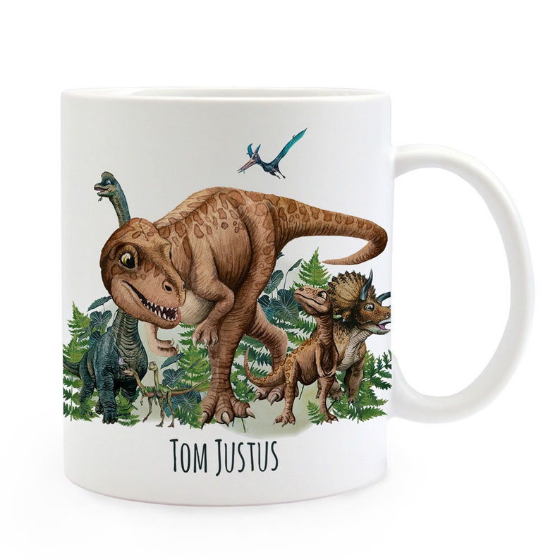 Tasse Emaille Becher Dino Dinos Dinosaurier T-Rex Triceratops Brontosaurus Name Wunschname Kaffeebecher Geschenk Bundle66 ts2106 & eb683 Bild 4