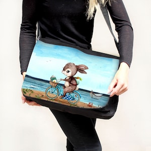 Shoulder Bag School Bag Bag Shoulder Bag Rabbit Bunny on Bicycle Gift tsu87