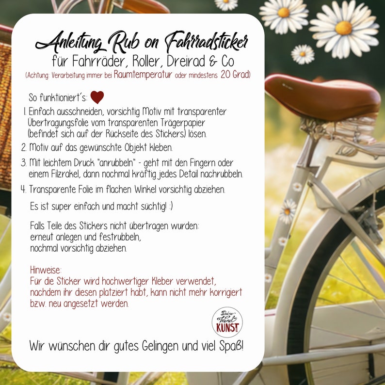 May include: A white bicycle with a brown seat and daisy decals is shown. A white card with German text provides instructions for applying rub-on bicycle stickers. The card includes the text "Anleitung Rub on Fahrradsticker".