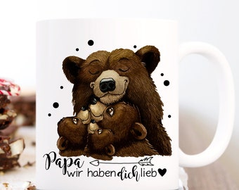 Geschenk Tasse Kaffeebecher für Papa Becher Vatertag Papa wir haben dich lieb Bär mit 3 Kindern Bärenpapa ts1194