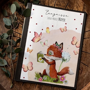 Dossier de certificat Fox Füchschen avec livre Dossier de certificat A4 couverture du livret de devoirs personnalisable Rentrée scolaire École d'initiation Zm09