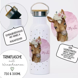 Drinking bottle insulated bottle drinking cup horse pink motif with name personalized sustainable with bamboo lid tbd20