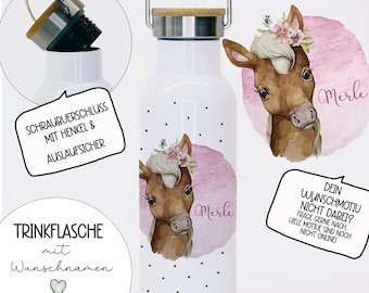 Drinking bottle vacuum flask drinking cup horse little horse pink motif personalized with name sustainable with bamboo lid tbd20