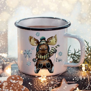 Enamel mug camping cup winter moose sleigh & desired name coffee cup Christmas gift Christmas motif eb477