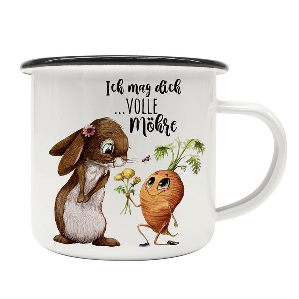 Emaille Becher Camping Tasse mit Hase Häschen Karotte Spruch Ich mag dich volle Möhre Kaffeetasse schwarzer Becherrand eb500