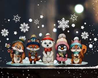 Fensterbild Fenstersticker Tierkinder Fuchs Hase Pinguin Eisbär  Eichhörnchen Schneeflocken Weihnachtsfensterbild wiederverwendbar bf145