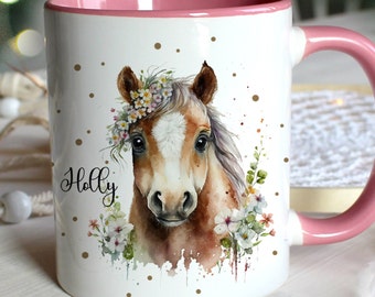 Tasse en émail tasse de camping motif cheval chevaux fleur sauvage tasse de cheval et nom souhaité tasse à café cadeau eb720 ts2143