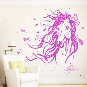 Wall decal horse wild horse flowers feathers name 1874 image 2