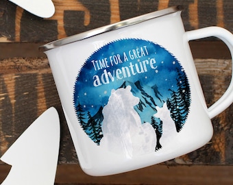 Enamel mug camping mug bear and fox couple saying Time for a great adventure mountains coffee cup gift saying mug eb408