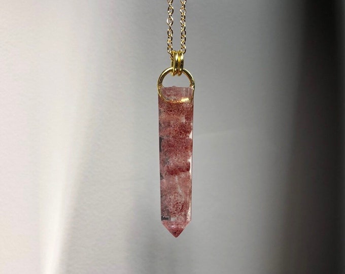 Strawberry Quartz Crystal Point Pendant Necklace - Gemstone Amulet - Long Gold Chain - Gift Box Included
