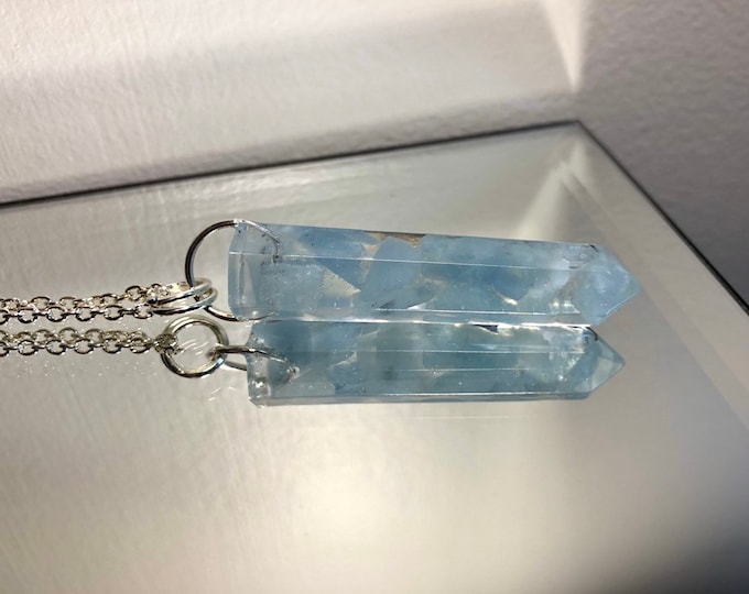 Aquamarine Crystal Point Pendant Necklace - Gemstone Amulet - Long Silver Chain - Gift Box Included