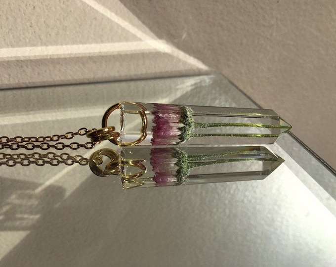 Pink English Daisy Crystal Point Pendant 2 - Flower Amulet - Long Gold Chain - Gift Box Included