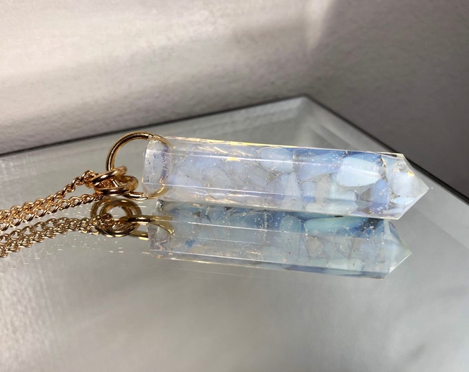 Opalite Crystal Point Pendant Necklace - Long Gold Chain - Gift Box Included