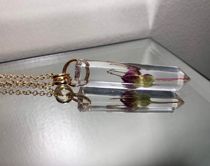 Wild Pink Rose Crystal Point Pendant Necklace - Flower Amulet - Long Gold Chain - Gift Box Included
