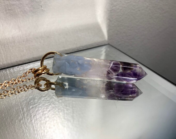 Angelite, Rose Quartz and Deep Purple Amethyst Crystal Point Pendant Necklace - Gemstone Amulet - Long Gold Chain - Gift Box Included