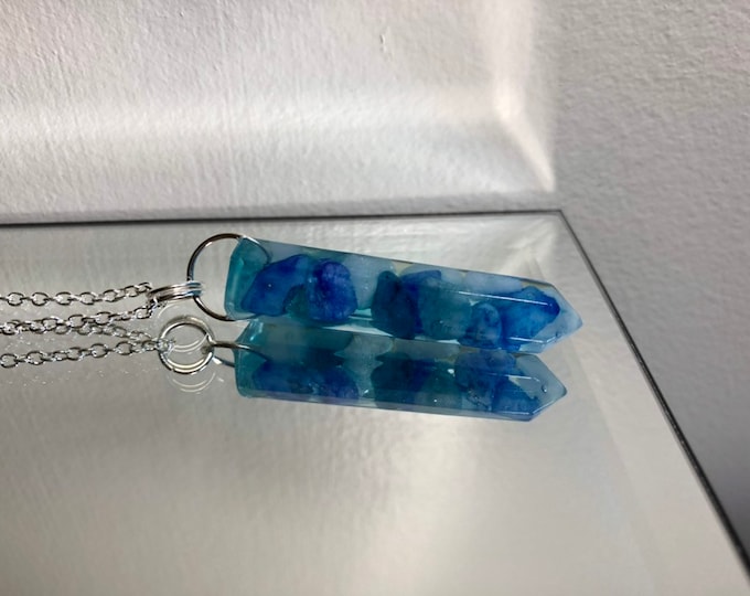 Blue Quartzite Crystal Point Pendant Necklace - Gemstone Amulet - Long Silver Chain - Gift Box Included
