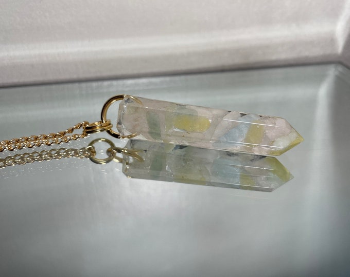 Morganite Crystal Point Pendant Necklace - Gemstone Amulet - Long Chain - Gift Box Included
