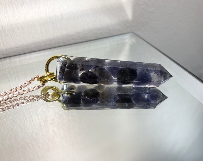 Iolite Crystal Point Pendant Necklace - Gemstone Amulet - Long Gold Chain - Gift Box Included