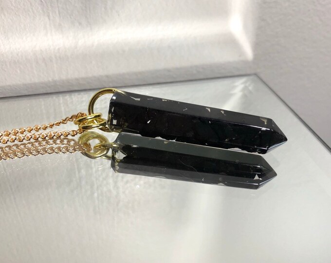 Shungite Crystal Point Pendant Necklace - Gemstone Amulet - Long Gold Chain - Gift Box Included