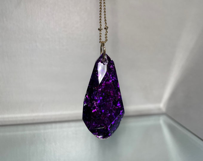 Amethyst Glitter Gem Crystal Pendant Necklace - Long Adjustable Chain - Gift Box Included