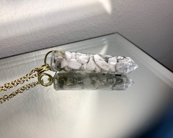White Howlite Crystal Point Pendant Necklace - Gemstone Amulet - Long Gold Chain - Gift Box Included