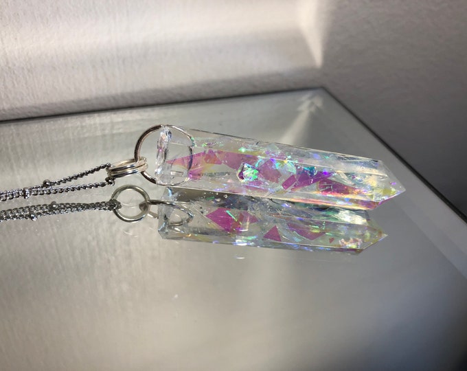 Angel Aura Glitter Crystal Point Pendant Necklace - Long Silver Chain - Gift Box Included