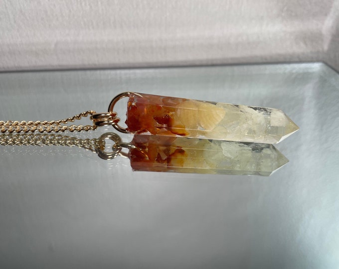 Lemon Quartz, Yellow Calcite & Carnelian Crystal Point Pendant Necklace - Autumn Gemstone Amulet - Long Chain - Gift Box Included