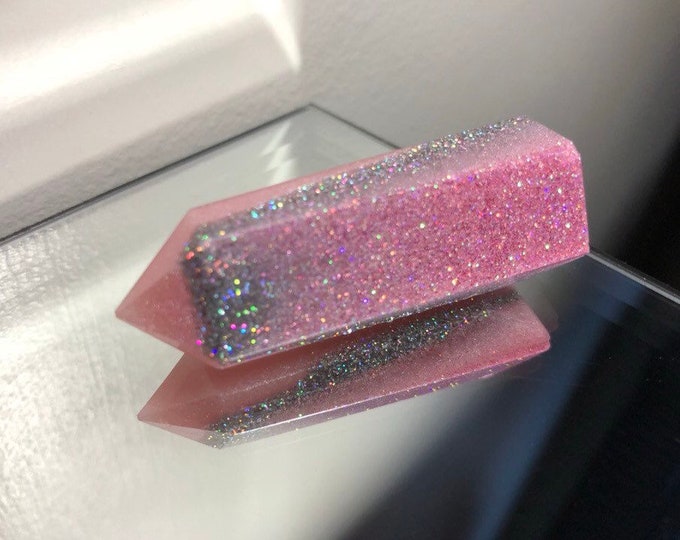 Pink and Silver Layered Holographic Glitter Crystal Tower - Glow in the Dark