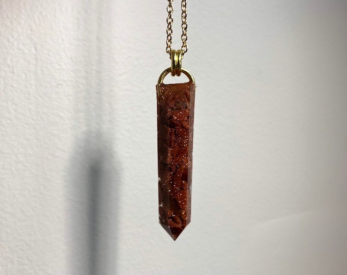 Goldstone Crystal Point Pendant Necklace - Long Gold Chain - Gift Box Included