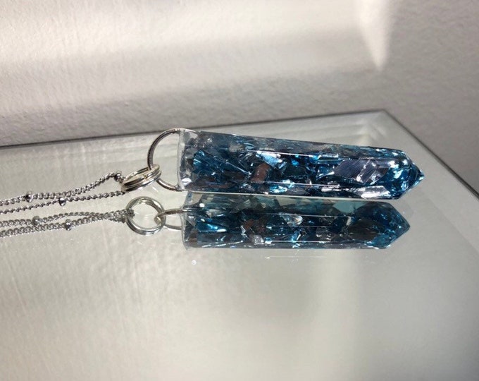 Aqua Aura Glitter Crystal Point Pendant Necklace - Long Silver Chain - Gift Box Included