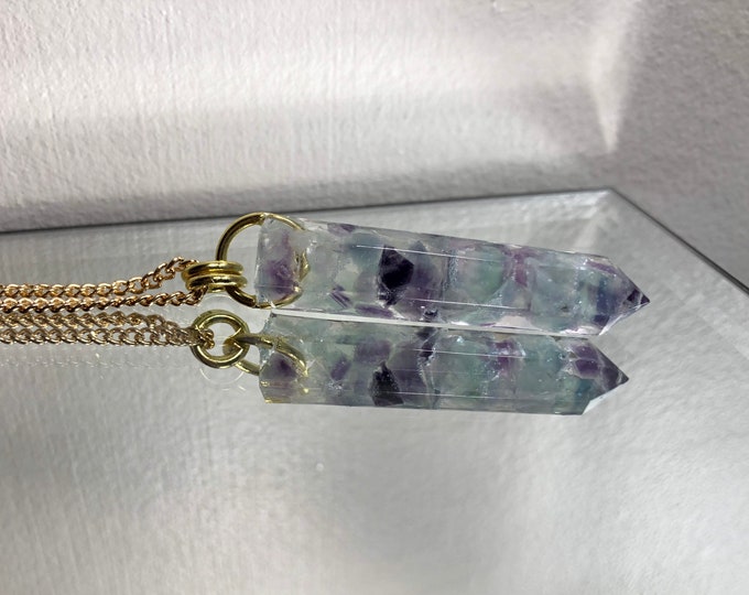 Fluorite Crystal Point Pendant Necklace - Gemstone Amulet - Long Gold Chain - Gift Box Included