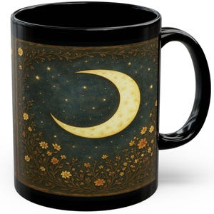 Floral Crescent Moon Coffee Mug: Celestial Black Ceramic Cup