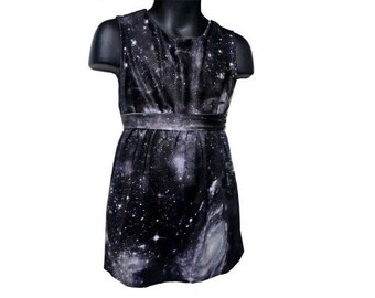 Little Girls Galaxy Print Dress, Girls Space print dress, Little girls Black dress with universe print,