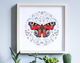 Butterfly Art Print  | Peacock  Butterfly Wall Art | Scandinavian folk art style illustration  |  Nature Art  |  Home decor  |  Nature lover
