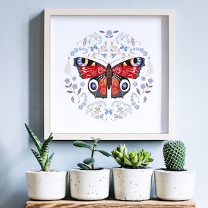 Stampa artistica di farfalle / Stampa murale di farfalle pavone / Illustrazione in stile arte popolare scandinava / Arte naturalistica / Arredamento per la casa / Amante della natura
