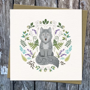 carte de voeux de loup | de voeux de loup de forêt | d'art animalier | Carte vierge illustrée de style art folklorique scandinave