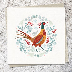 Carte de Noël de faisan | Carte vierge de oiseaux d'hiver | Illustration de style art folklorique scandinave | Amateur d'oiseaux | Carte de voeux de la faune