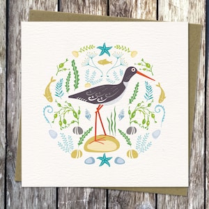 carte de pêcheur d'huîtrier | de voeux d'oiseau côtier | Illustration d'art populaire scandinave | Été, bord de mer, illustration côtière | Carte vierge